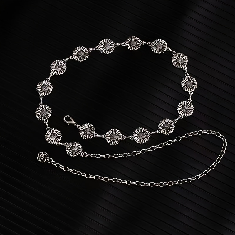 Women's Daisy Metal Waist Belt Chain, Adjustable Retro Flower Design